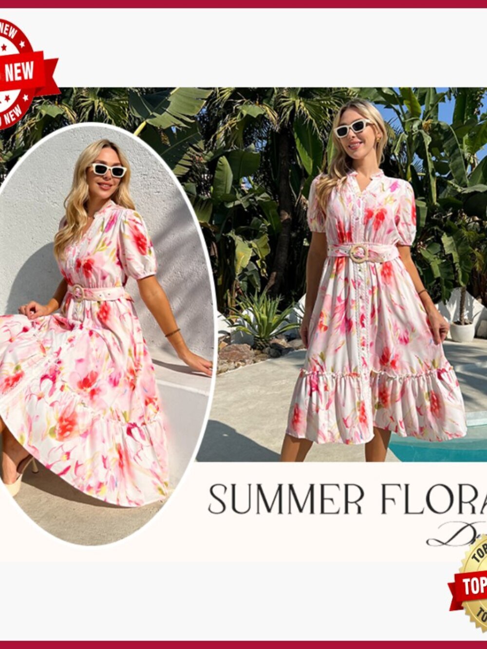 Floral Maxi Dress with Pockets & Belt, Puff Sleeves, Casual Boho Style - Picture 7 of 7